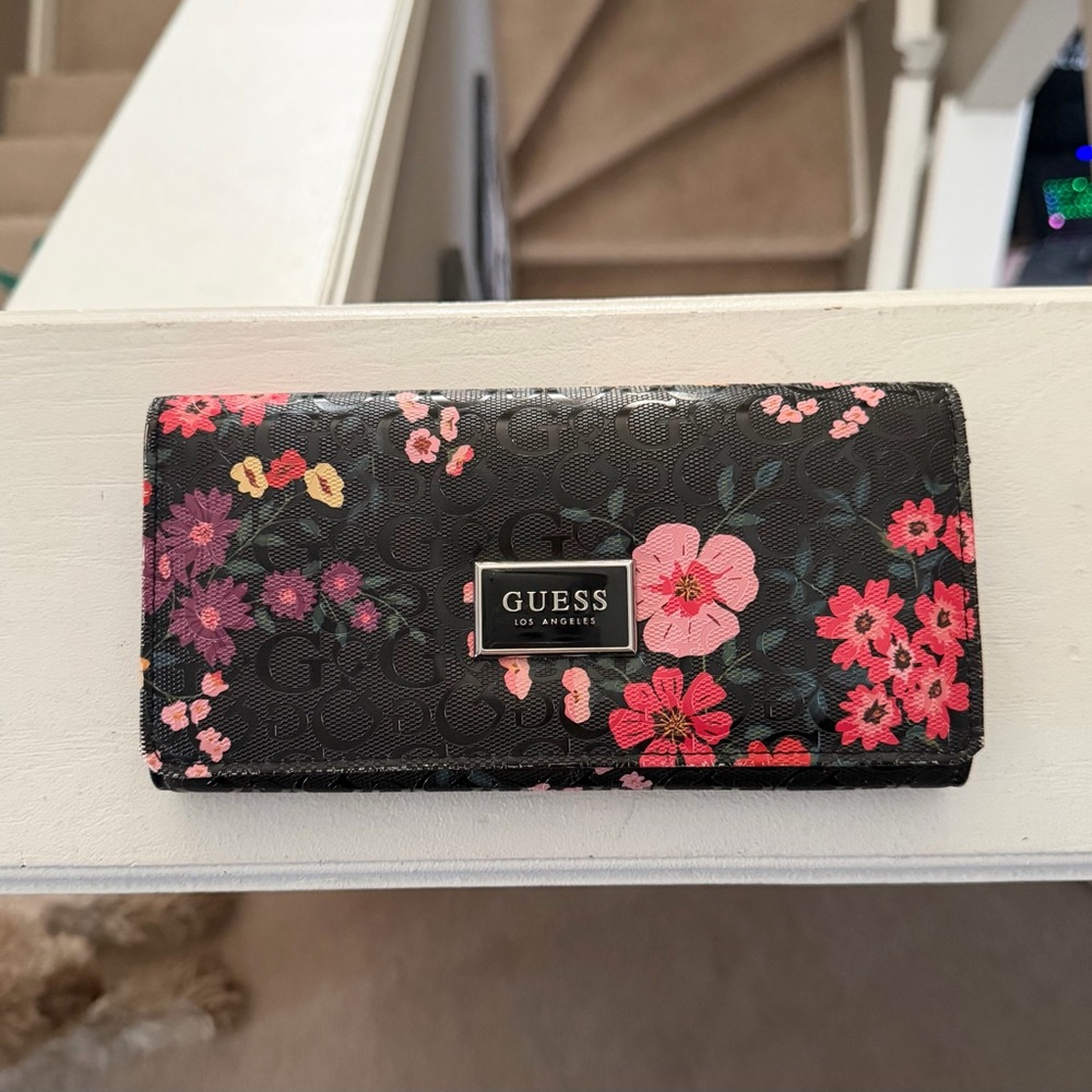 GUESS Black and Pink Floral Wallet